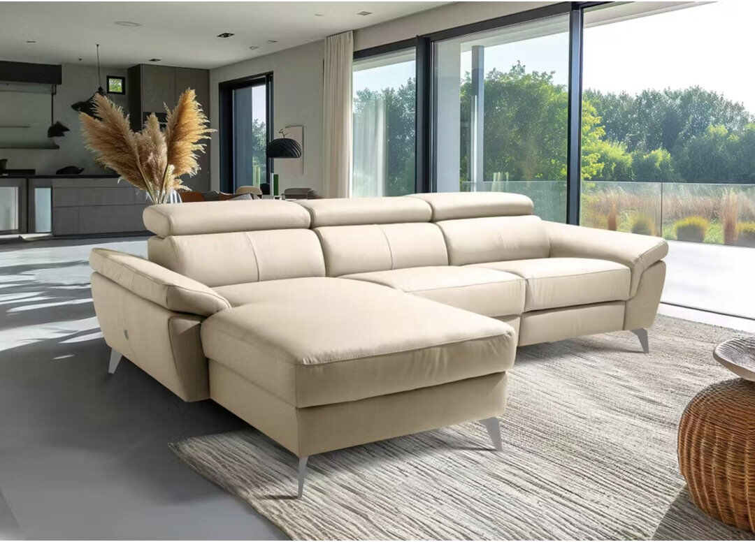 Ivy Bronx Milton Keynes Italian Leather Electric Reclining Corner Sofa with Adjustable Headrests and Adjustable Armrests Beige 97cm H X 252cm W X 179cm D