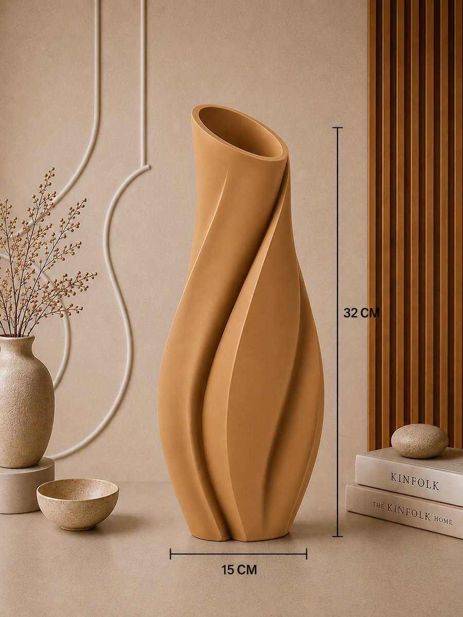 Japandi Design Vaas Karamel 32 cm – Moderne Decoratieve Vaas voor Droogbloemen en Kunstbloemen