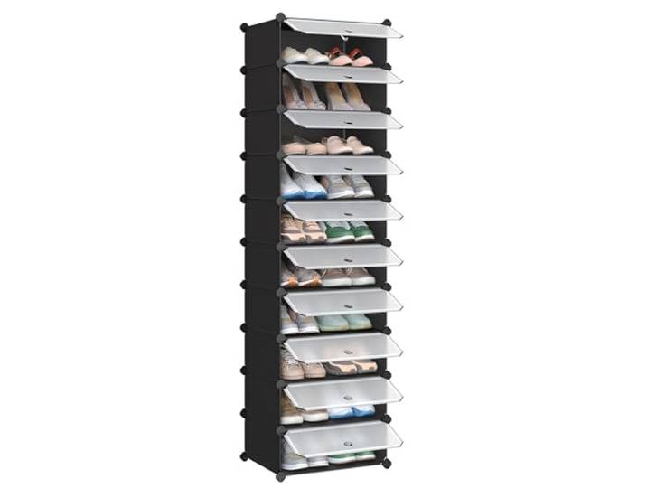 SONGMICS Meuble à Chaussures avec 10 Compartiments\, Étagère Modulable Boîtes de Rangement en Plastique\, avec Porte\, Maillet\, Noir\, Collection Damion LPC10H