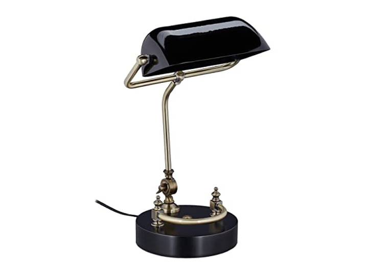 Relaxdays Bankerlampe, Glasschirm, Holzfuß, neigbare Bibliothekslampe, E27-Fassung, Schreibtischlampe Retro, schwarz