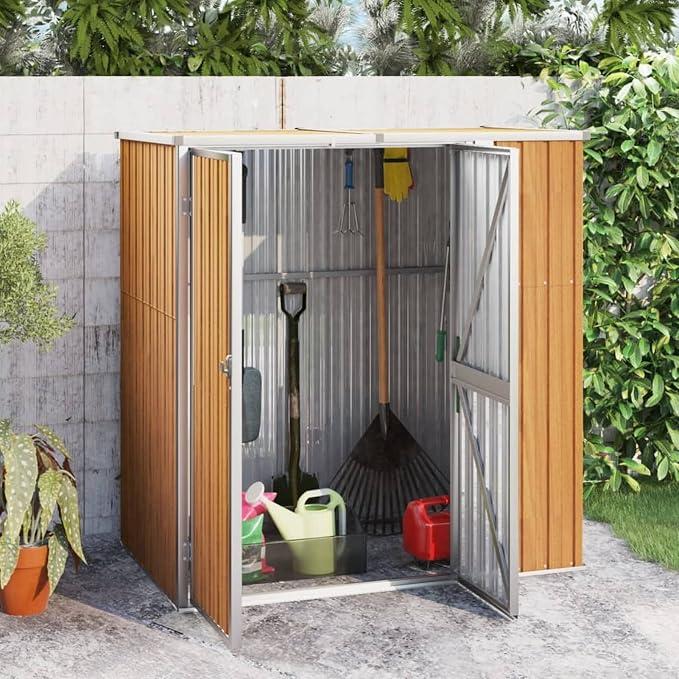 Gerätehaus Geräteschuppen Gartenhaus Metall Schuppen Gartenschuppen mit Schrägdach Garten Schuppen Gartenschrank mit Stauraum Verzinkter Stahl Braun 161x89x161 cm