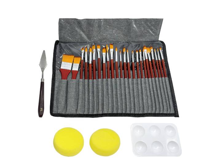 Pinsel Set Holz mit Nylonhaar und Zubehör 29-teilig
