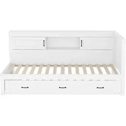 OKWISH Tagesbett aus Spanplatte und MDF, Weiß, 90x200 cm, mit LED, Steckdose, USB und Ausziehbett
