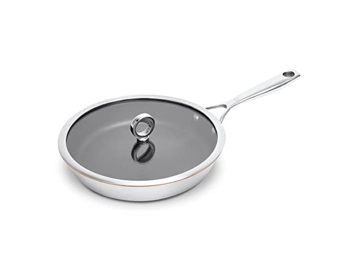 Olavson Kupferpfanne, Pfanne 26cm, Induktion, mit Deckel, Antihaft, PFOA-frei, Keramik verstärkt, Pfanne beschichtet, Bratpfanne, Spülmaschinenfest, Ofenfest, Edelstahl mit Kupfer bis zum Rand