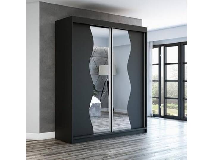 A&J MöbelLand Schwebetürenschrank RIMA 2-türig mit Spiegel, Kleiderschrank 180 cm (Schwarz)