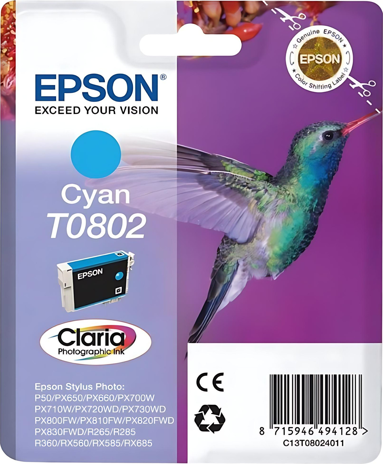 Epson Hummingbird losse cartridge cyaanblauw T0802 Claria fotokwaliteit 7,4 ml