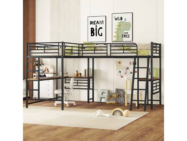 Lit cabane 90x200cm deux superposés bureau sous lit double échelle garde-corps haut noir