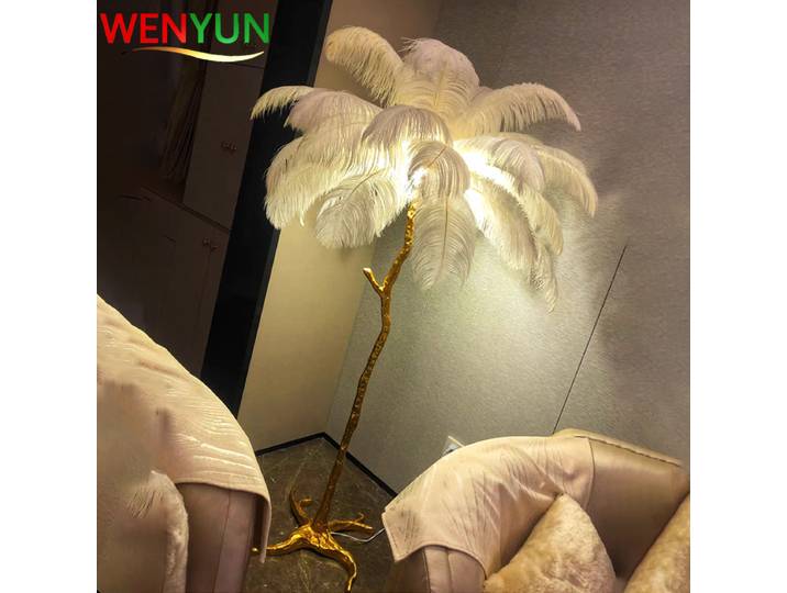 Lampe sur pied WENYUN pour salon, chambre à coucher, intérieur, nouvelle mode, décoration en plumes d'autruche, luminaire en résine dorée, lampes sur pied trépied
