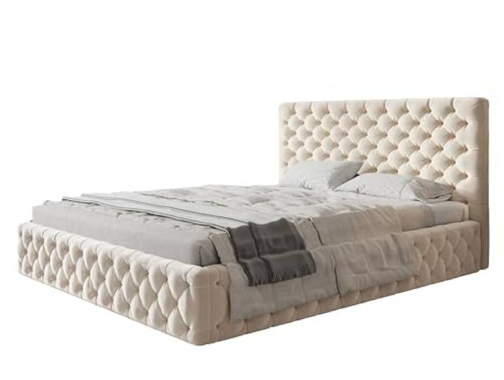 AlpiMeble Polsterbett 180x200, Jasminstoff, Holzrahmen, Beige Bett, Betten mit Bettkasten, Modern Betten, Weicher Stoff, Kollektion Slim Miami