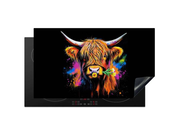 HERDABDECKPLATTE Schottischer Highlander - Graffiti - Bunt - Blume - Tiere Induktionsschutz 91.6x52.7 cm