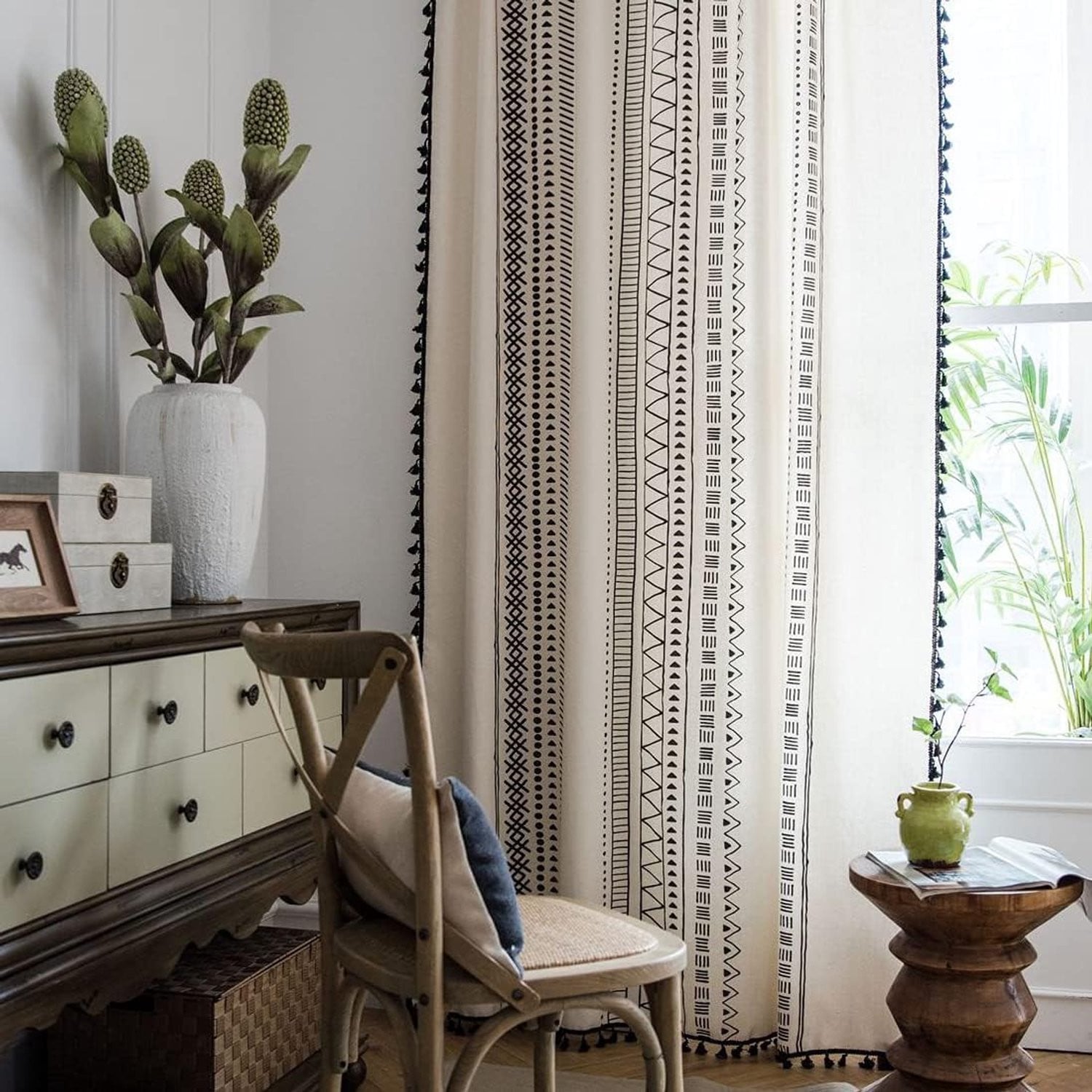 Homevero Vintage Boho Tassel Gordijn Patroon A - Semi-Verduisterend Katoen Linnen met Oogjes