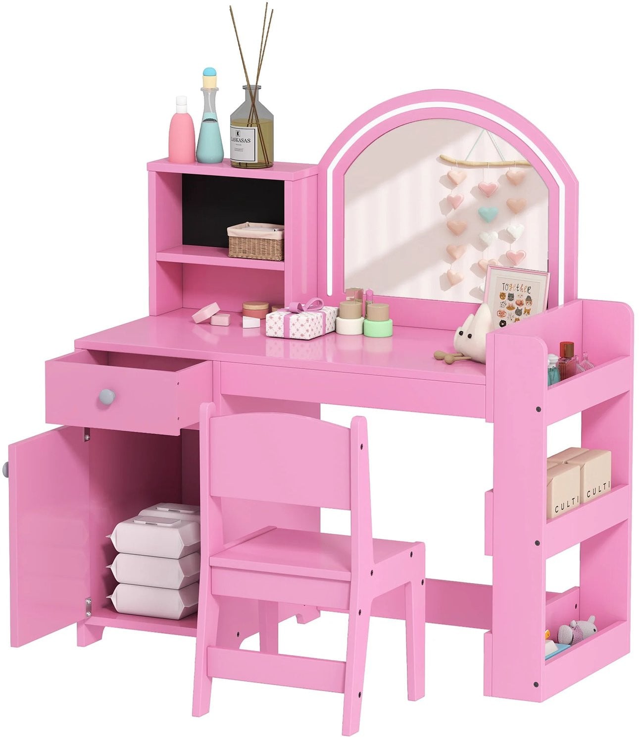 Seth Select Kinderkaptafel met Spiegel, LED-verlichting en Krukje in Roze