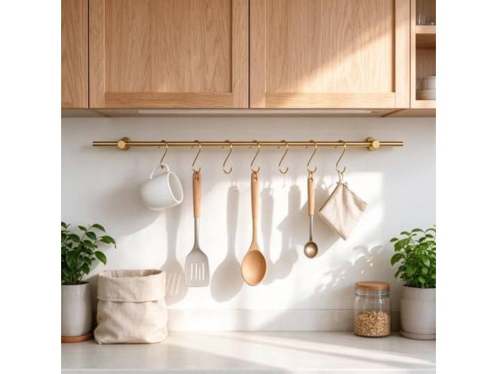 Massiv Messing Wandmontierte Küchenleiste, Topfhalter mit 7 S‑Haken Multifunktionale Aufbewahrung, für Kochgeschirr & Handtücher. 4 Größen, Feuchtigkeitsfest, 25 Kg Tragfähigkeit(120cm/47in)