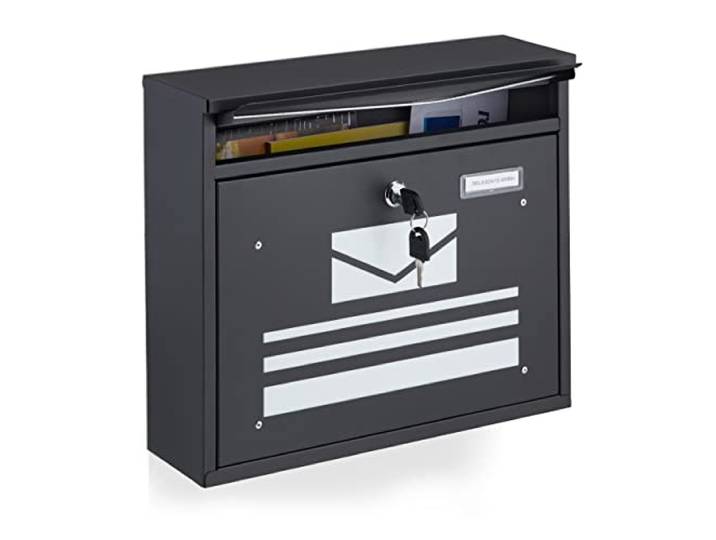 Relaxdays Boîte aux Lettres\, Motif\, Coffre à Journaux Verrouillable\, HxLxP : 31x36x11 cm\, Acier Revêtu par Poudre\, Noir