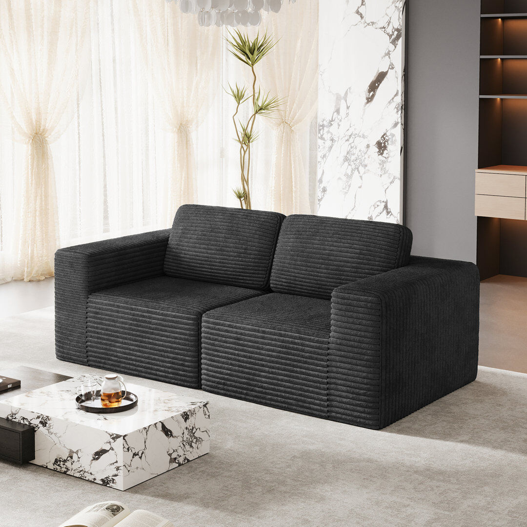 17 Stories 2 Seater Corduroy Sofa Black 82cm H X 202cm W X 101cm D