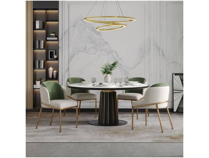 Lot de 4 chaises de salle à manger modernes vert beige et doré pieds métalliques inclinés et patins réglables