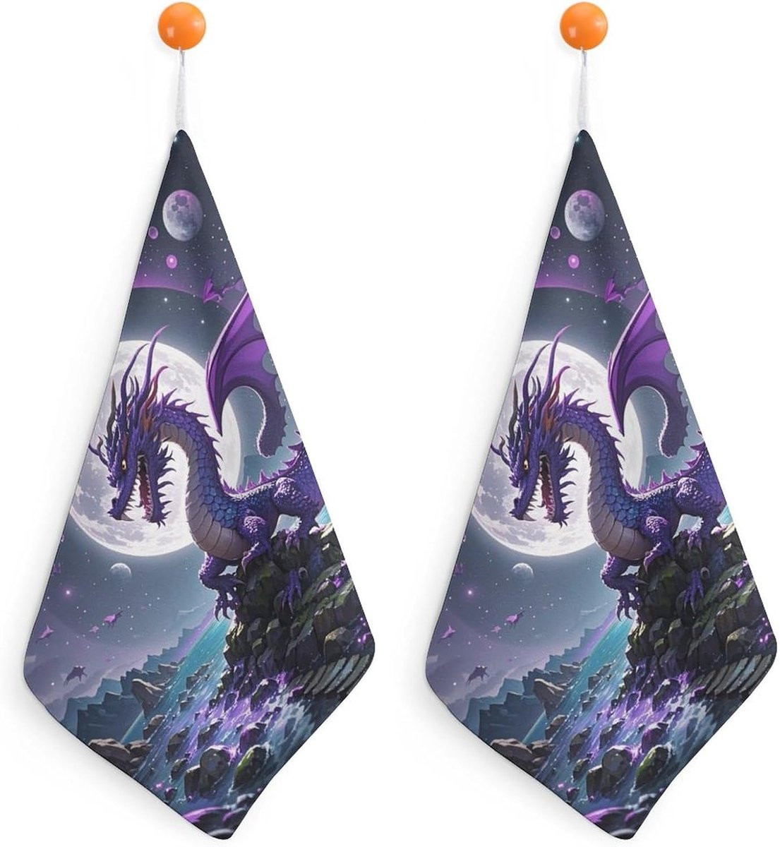 Set van 2 paarse handdoeken met drakenprint voor badkamer of keuken met ophanglus