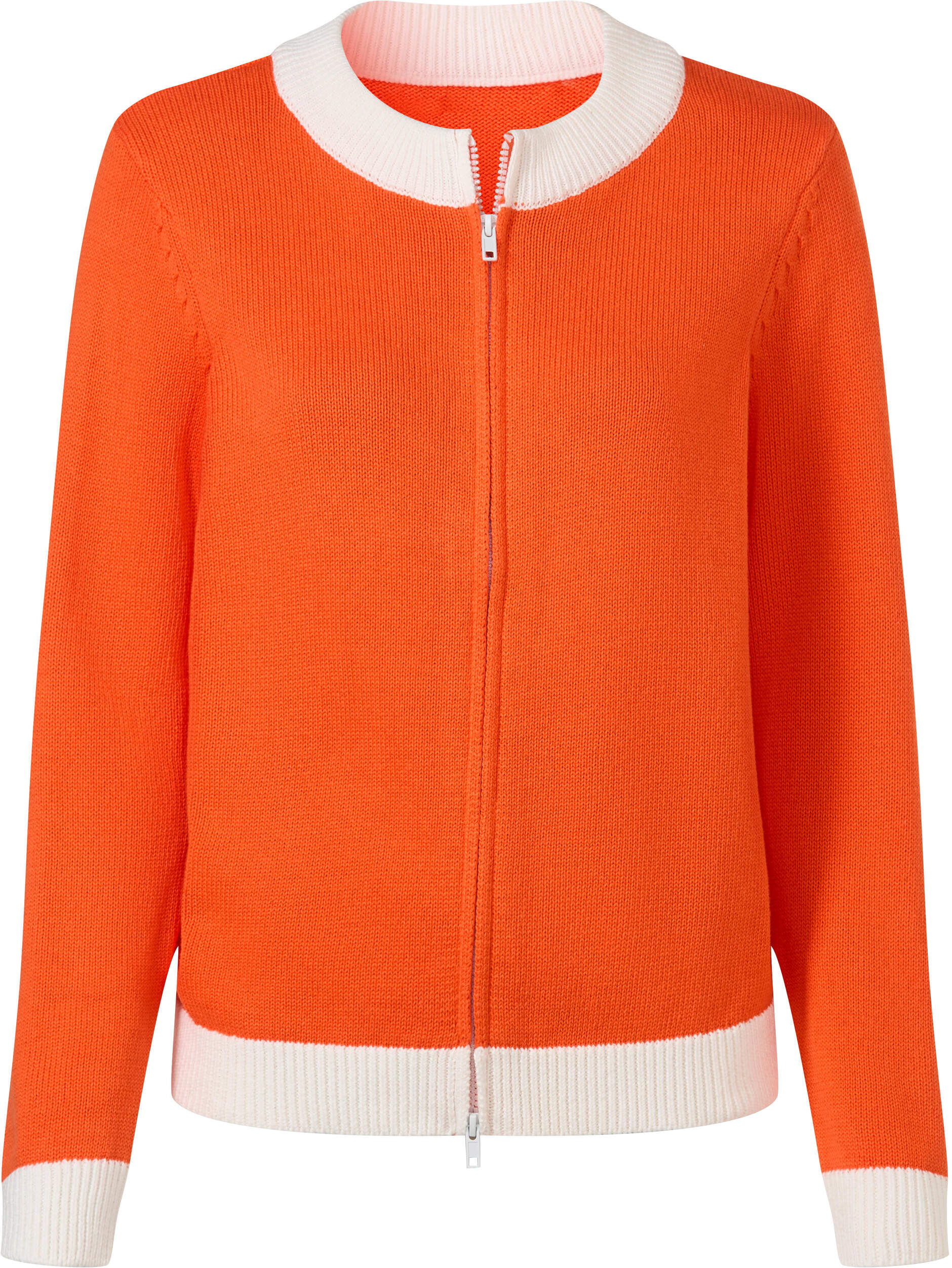 Strickjacke HEINE "Strickjacke Strickjacke mit Blockstreifen", Damen, Gr. 46, orange (orange, ecru), Sportlich, Rundhals, Strickjacken Strickjacke