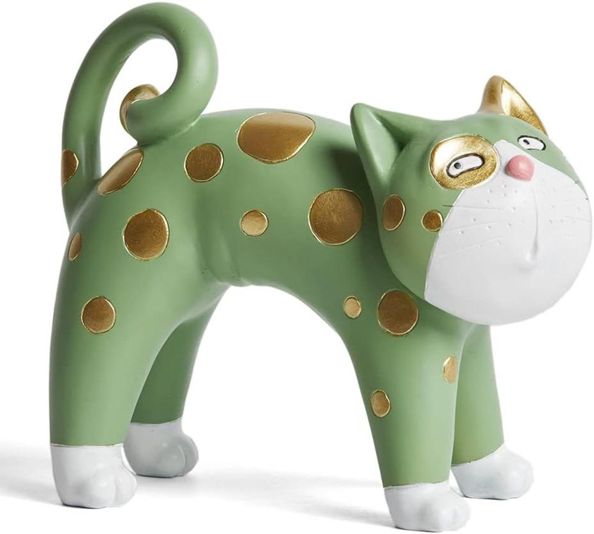 Handgemaakt Groen Katten Sculptuur Beeldje voor Tafeldecoratie - Hoogte: 16 cm