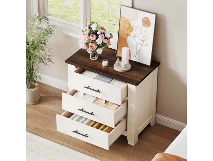 GarveeHome 3-Schubladen-Kommode aus Holz für Schlafzimmer – stabile Beine, große Ablagefläche, Landhausstil – Braun-Weiß