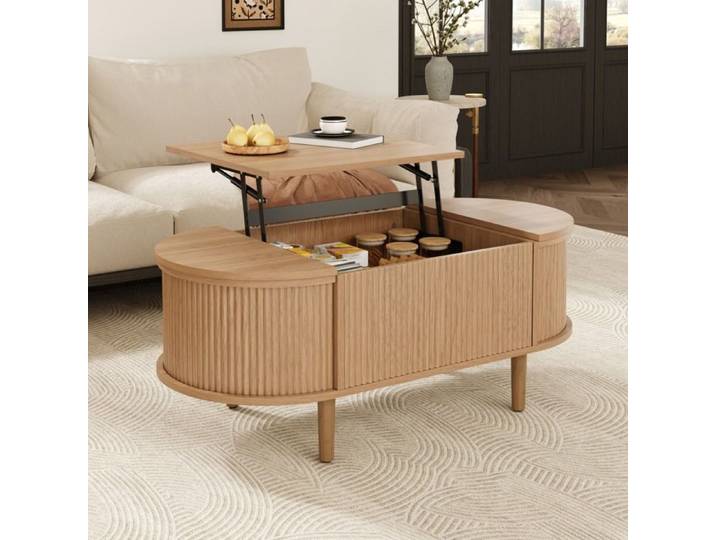 MEUBLIV Table basse relevable ovale avec rangement style vintage MDF effet bois coloris chêne