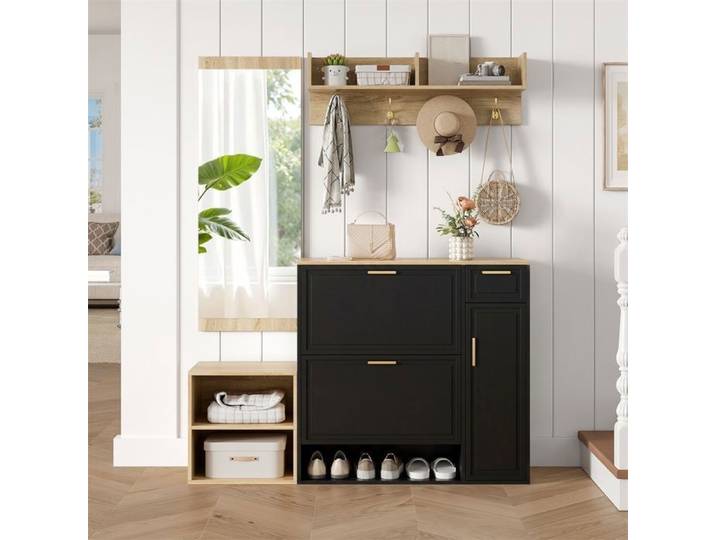 Ensemble Meubles Entrée 4 Pièces - Vestiaire Portemanteau Mural Miroir Banc Chaussures Commode Rangement - Noir