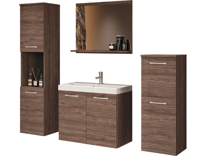 Badmöbel-Set WELLTIME PARLA , braun (nussbaum), B:120cm H:133cm T:34,5cm, Holzwerkstoff, Kastenmöbel-Sets, Badmöbel-Set, Waschtisch inkl. Waschbecken, Spiegel, Hochschrank und Hängeschrank