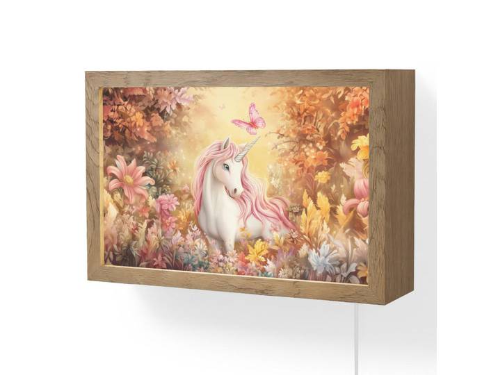 OnlyWow Wandleuchte - Einhorn - Blumen - Schmetterling - Rosa - 30x20 cm, Beige, Holzwerkstoff, Rechteckig, LED integriert, 30x20x8 cm, Lampen & Leuchten, Innenbeleuchtung, Wandlampe