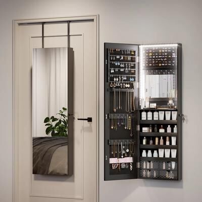 Mega Casa 14.5-Inch Mirrored Jewelry Cabinet with LED Lights, Wall or Door Mounted Storage Armoire