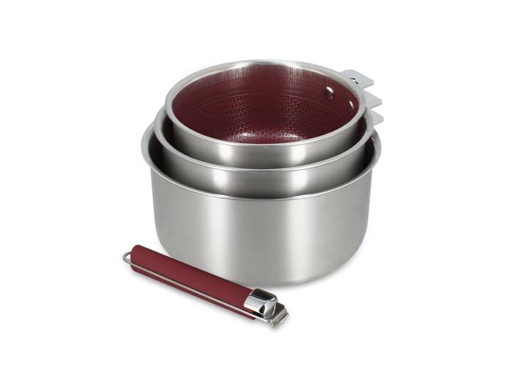 Set de 3 casseroles en acier inoxydable et poignée amovible lie de vin