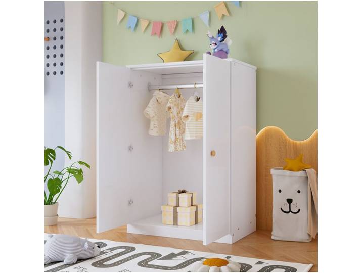Armoire penderie 2 portes compacte 80x50x120 cm avec tringle en MDF blanc pour chambre enfant FOLYNA