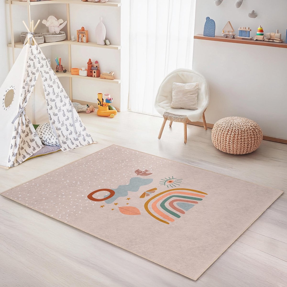 Merkloos Rechthoekig Kindertapijt met Bloemenmotief - Wasbaar en Antislip - Kinderkamer Vloerkleed
