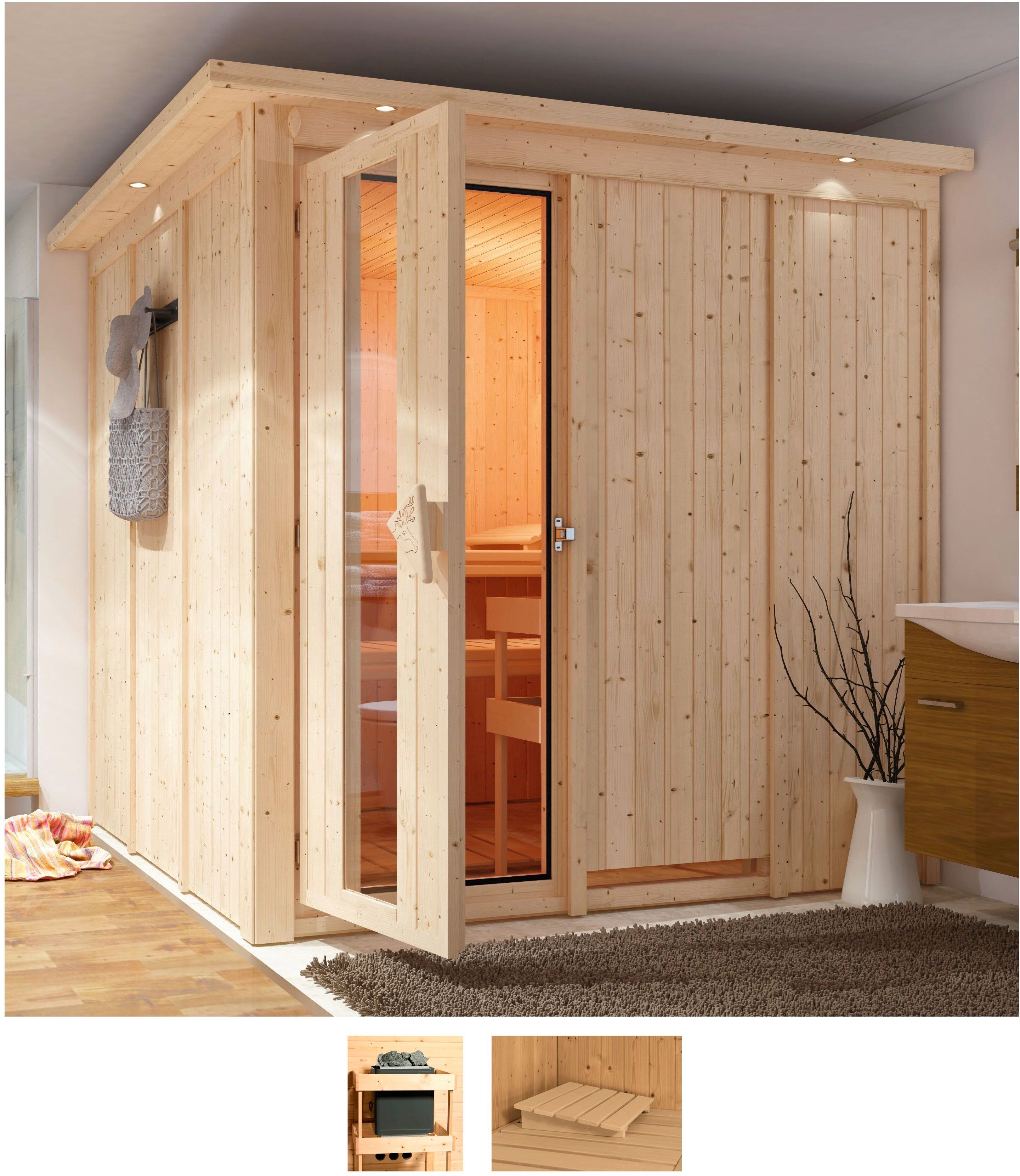 Sauna KARIBU "Rodin", beige (naturbelassen), ohne Ofen, (ohne Ofen), Saunen, ohne Ofen