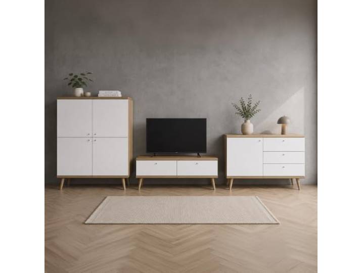 Lomadox Wohnmöbel Set in Weiß mit Eiche, 3-teilig