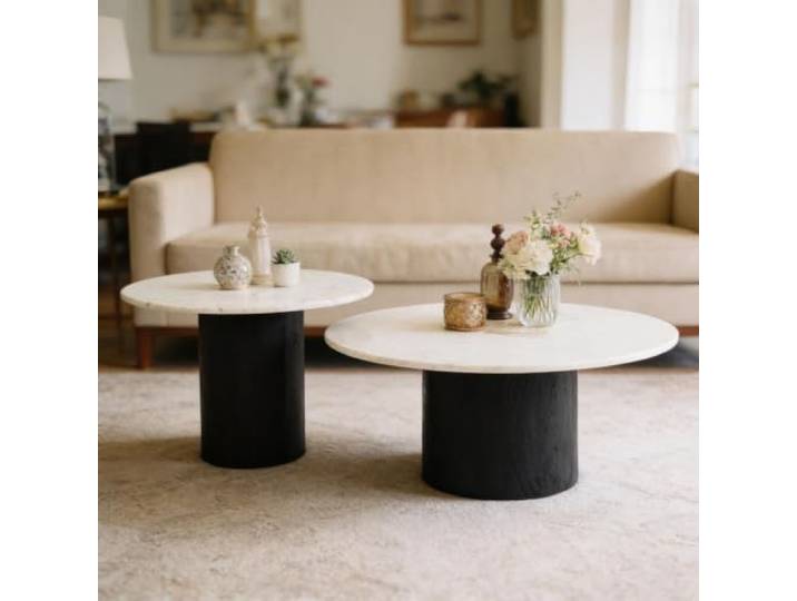 IDIMEX Couchtischset GANGA/YAMUNA mit Tischplatte aus Marmor, Weiß/Schwarz - Runder Beistelltisch im 2er Set, rundes Holzgestell aus Akazie, Wohnzimmertisch, Coffe Table