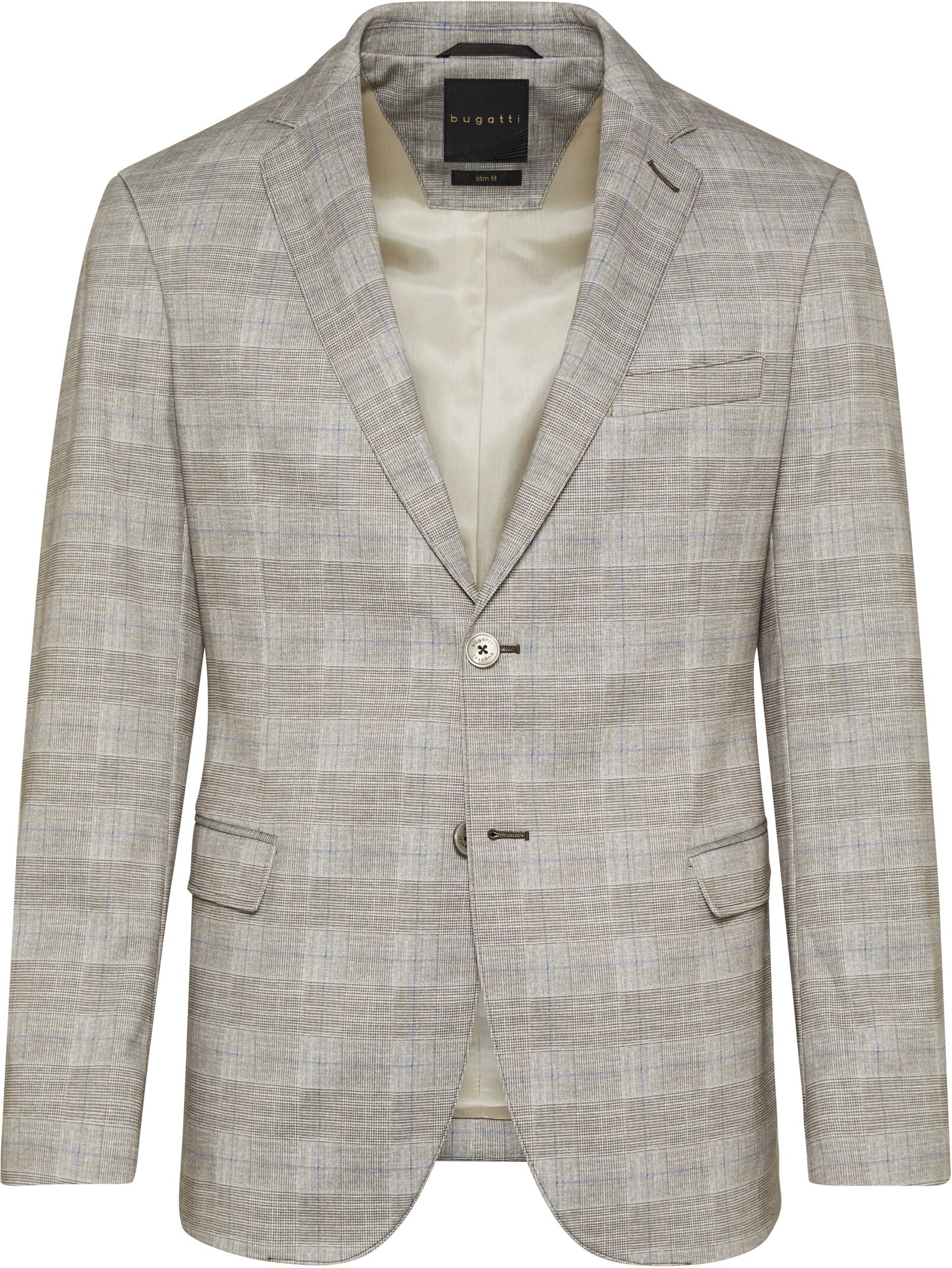 Sakko BUGATTI, Herren, Gr. 58, beige, 86% Polyester, 9% Viskose, 5% Elasthan, slim fit, Manschette, Sakkos Sakko, mit Stretchanteil beige 58