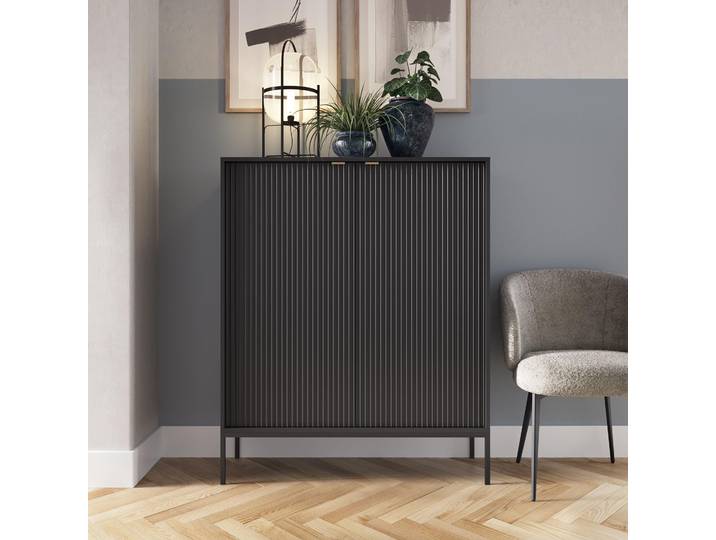 Schwarze Moderne Geriffelte Hochkommode KIOTO KW2D Schwarz Gestell Schrank Highboard