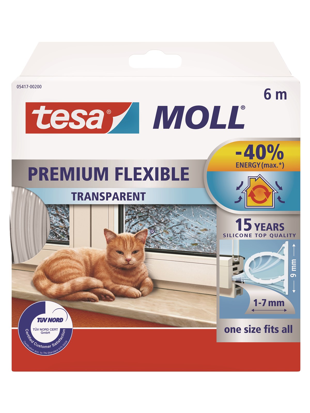tesa moll Premium Flexible Silicone Sealing Tape 6 m x 9 mm x 7 mm Transparent