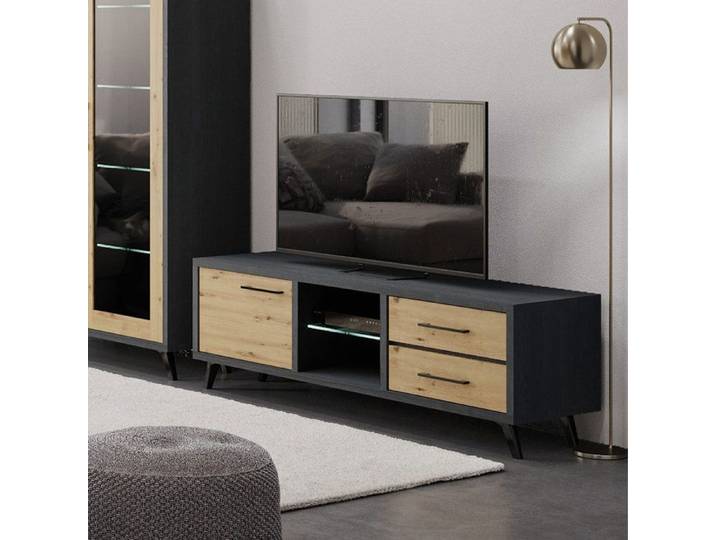 Meuble TV 1 porte 2 tiroirs décor naturel et gris foncé - TYFTA
