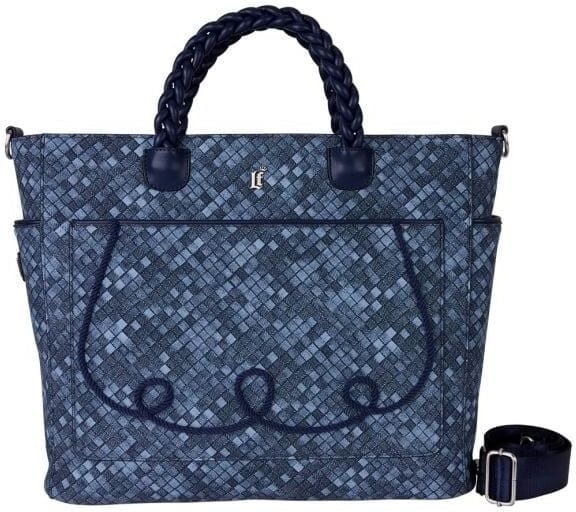 Loungefly Denim Convertible Tote Bag - Converts from a tote to a backpack, Woven Faux Denim Pattern