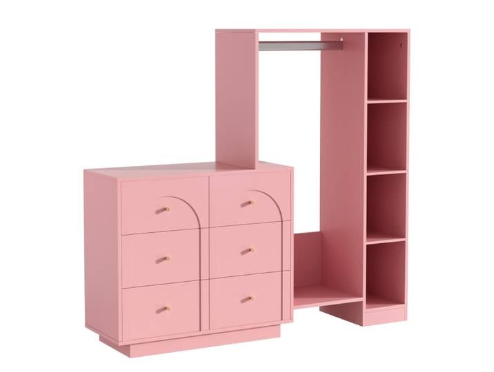 Armoire-penderie en panneau de particules rose, 6 tiroirs