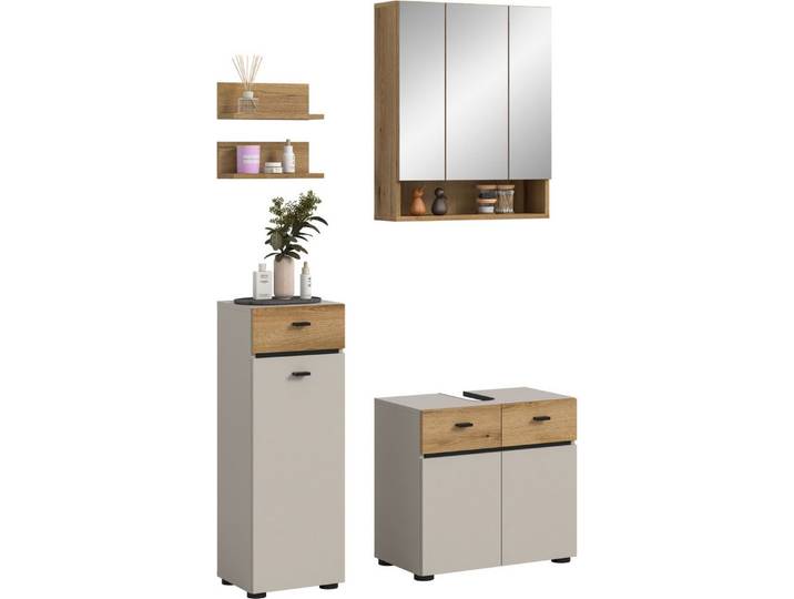 welltime Badmöbel-Set VANN, 5-teilige moderne Badkombination, individuell stellbar, (5-St., Midischrank, 2er Set Wandregal, Waschbeckenunterschrank,Spiegelschrank), Bad-Kombination, Bad-Möbel, Badezimmer, Kombination, Kombi, Bad-Set