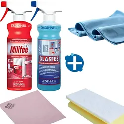 Reinigungsset für Badreinigung, 5 Komponenten inkl. Badreiniger, Microfasertuch, Glasreiniger, Fenstertuch