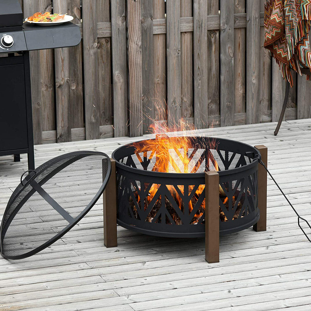 Dakota Fields Pinerolo 2-In-1 Metal Large Firepit Bowl w/ Grill, Lid, 78x78x60cm, Black Black 60cm H X 78cm W X 78cm D