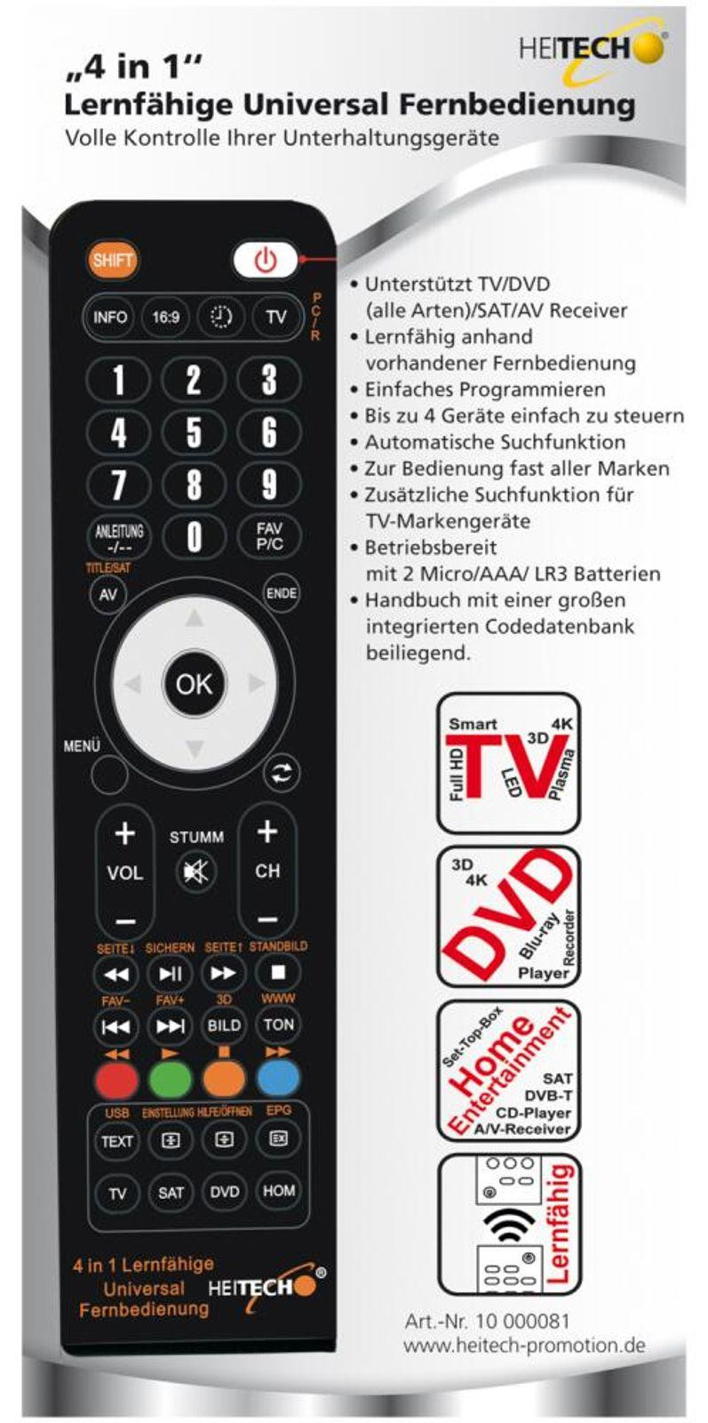 Heitech 4-in-1 universele afstandsbediening met leerfunctie