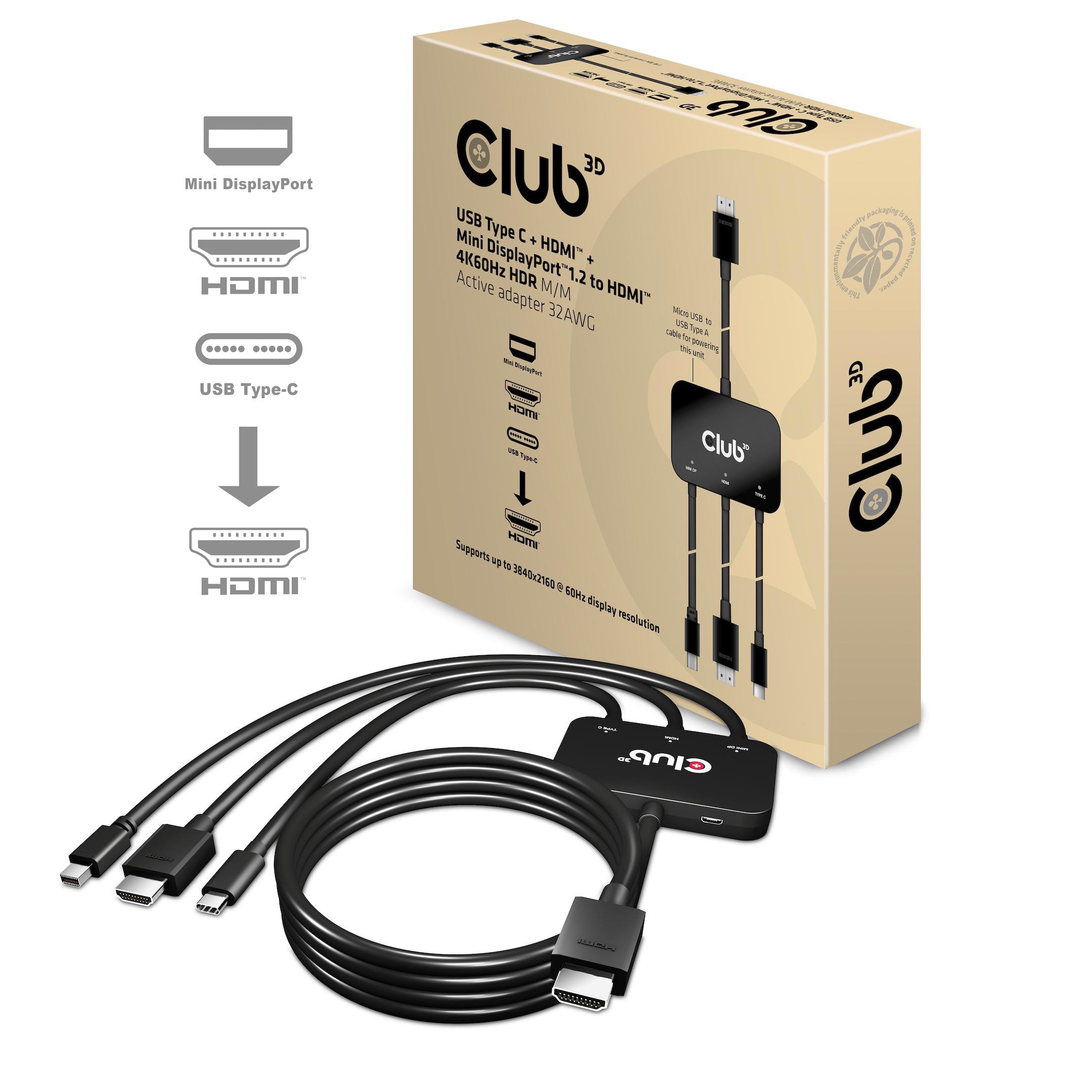 Club 3D CAC-1630 USB-C / HDMI / MiniDisplayPort 1.2 / HDMI 4K60Hz HDR M/M Active Adapter 32AWG