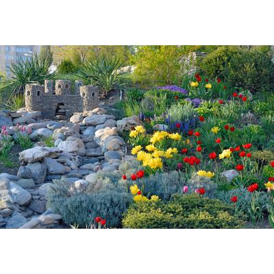 Fototapete PAPERMOON "GARTEN-BÄUME BLUMEN PFLANZEN PARK STEINE GRÜN BLÜTEN", bunt, B:4m L:2,6m, Vlies, Tapeten