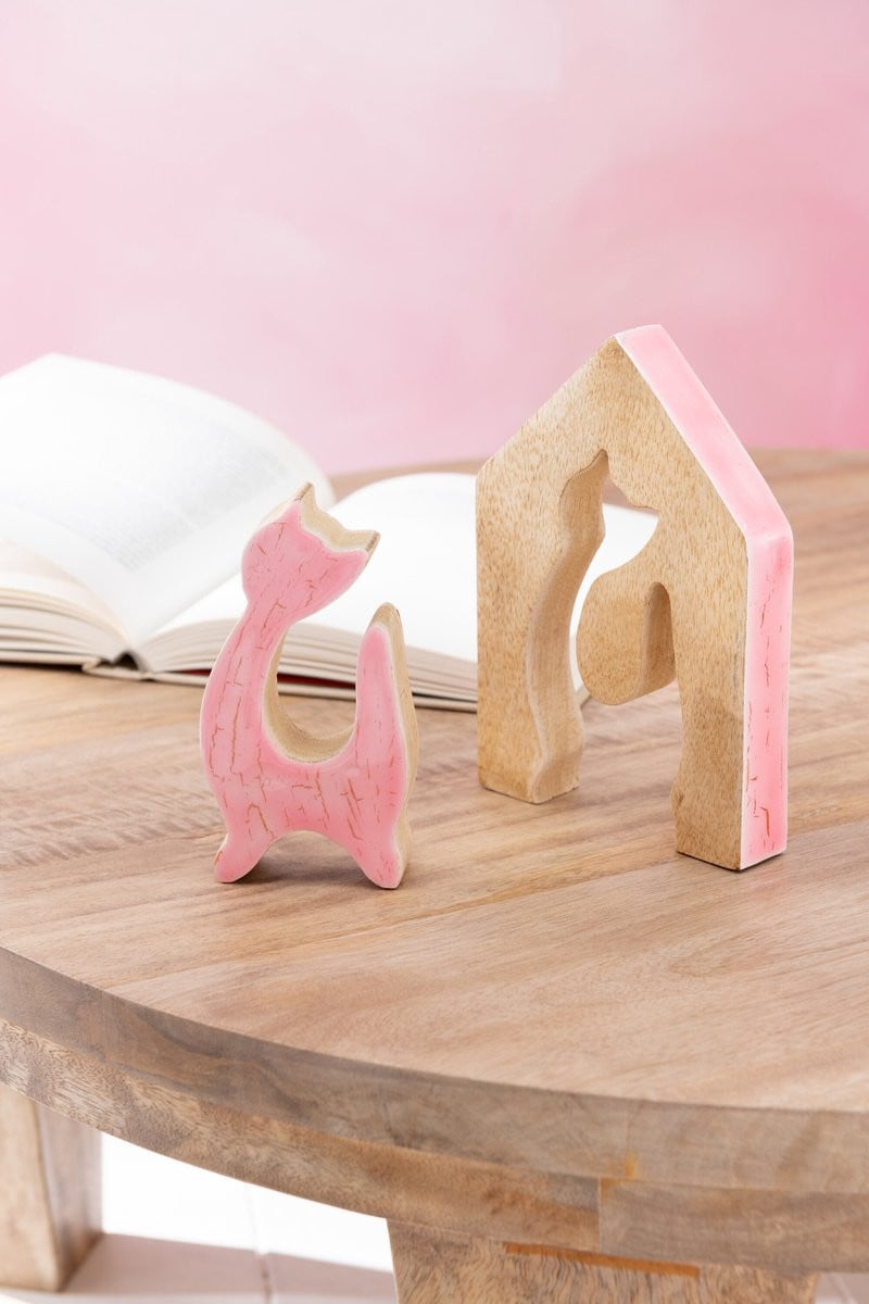 J-Line Decoratie Huis Kat - Hout - Roze/Naturel - Small