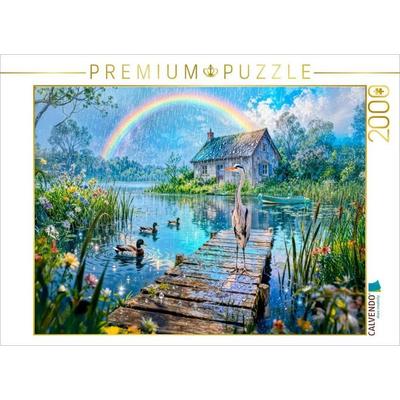 CALVENDO Puzzle Cottage am See mit Regenbogen und Wasservögeln | 2000 Teile Lege-Größe 90x67cm Foto-Puzzle für glückliche Stunden