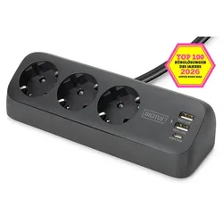 Digitus 3-fach Office-Steckdosenleiste mit 2x USB-A und 1x USB-C Anschlüssen, Schwarz